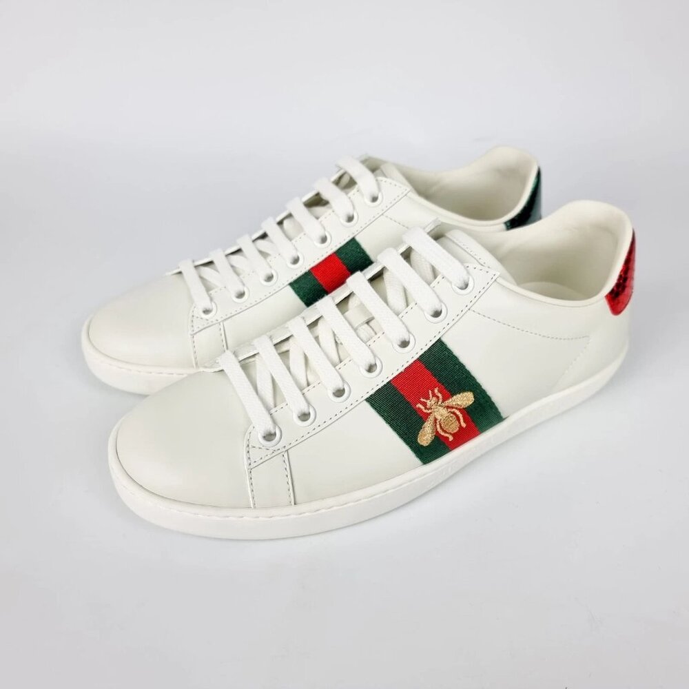 Gucci White Leather Sneakers with Green and Red Web and Gold Bee